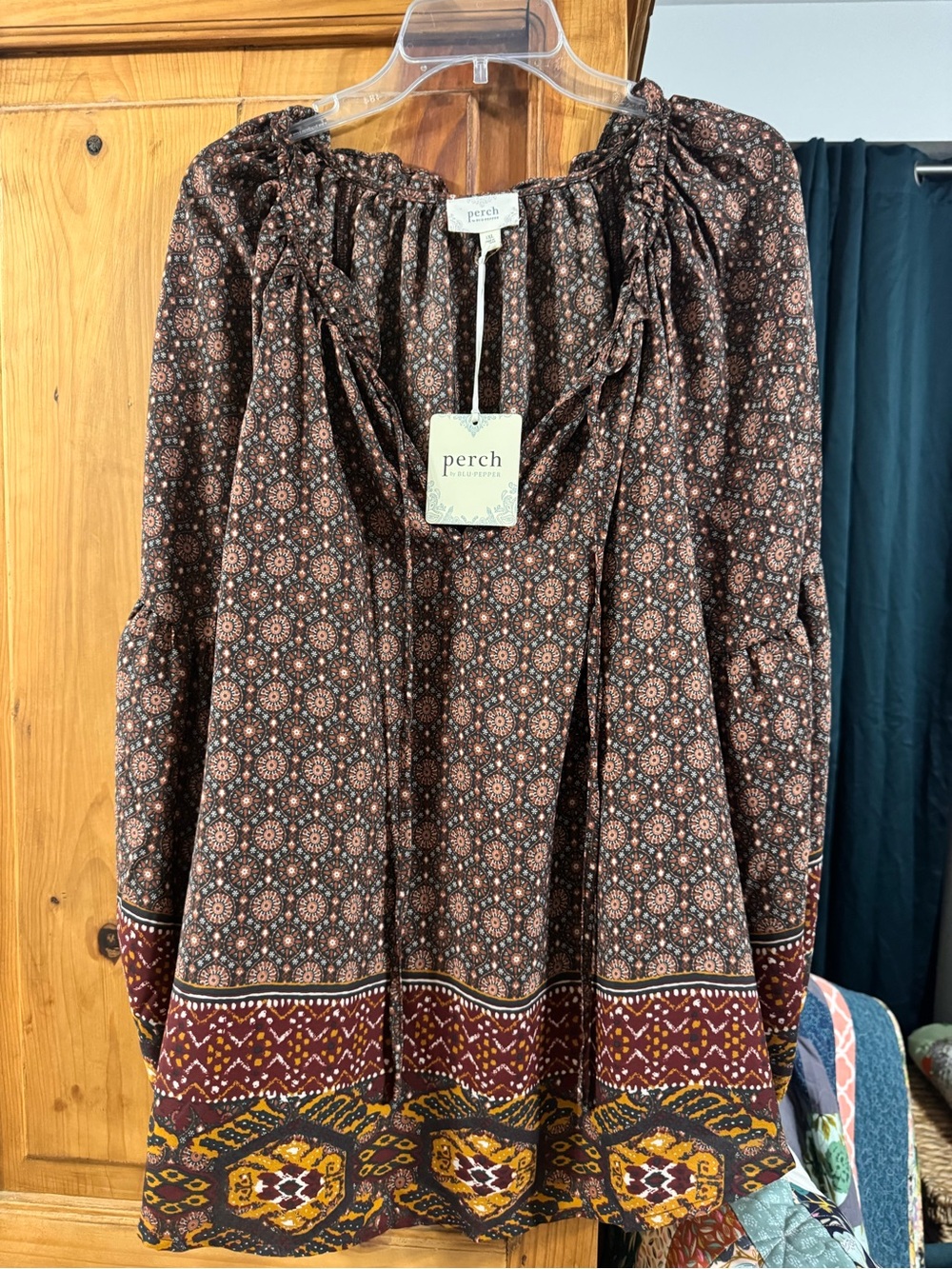 Perch by Together Brown Printed Boho Border Peasant Blouse
